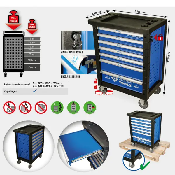 Brilliant Tools Dielenský vozík so 7 zásuvkami, prázdny BT152900
