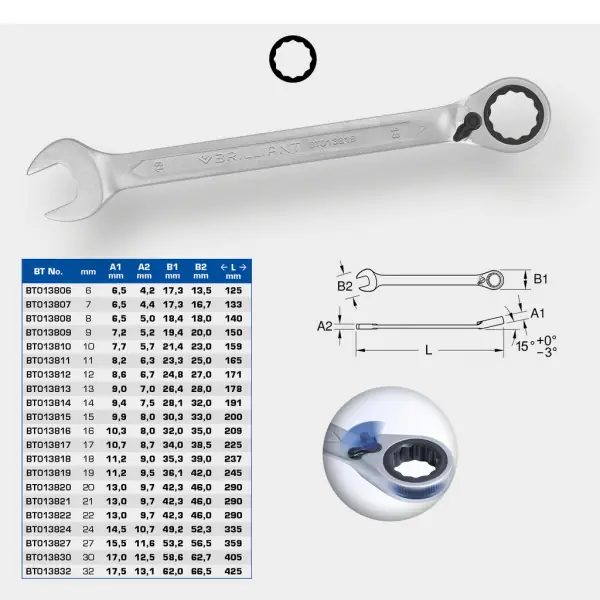 Brilliant Tools Prstencový kľúč s račňou, prepínateľný, 24 mm BT013824