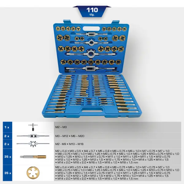 Brilliant Tools TiN súprava nástrojov na rezanie závitov, 110-dielna BT101985