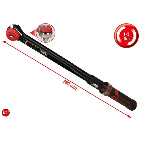 KS Tools Momentový kľúč s račňou 1/4" ERGOTORQUE®precision, otočné tlačidlo, 1-5 Nm 516.1402