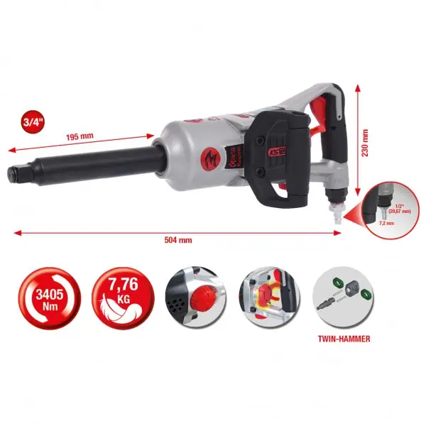 KS Tools Vysokovýkonný pneumatický príklepový skrutkovač 3/4" superMONSTER, 3405 Nm, 504 mm  515.3260