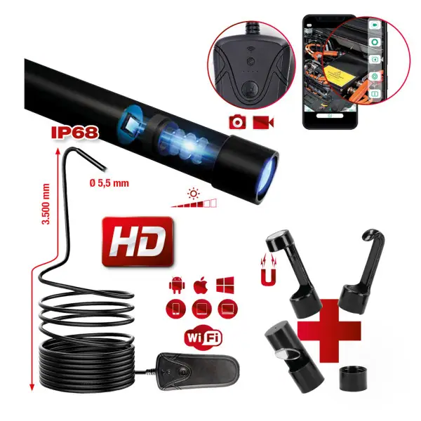 KS Tools WiFi súprava obrazových osciloskopov s ? 5,5 mm 0° HD sonda prednej kamery, 5-dielna 550.7560