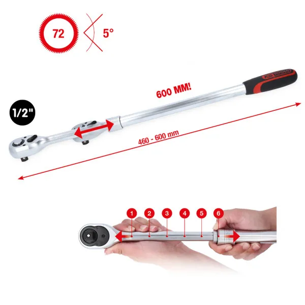 KS Tools 1/2" teleskopická račňa s prepínacou páčkou, extra dlhá, 72 zubov 914.1205