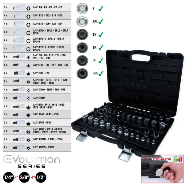 KS Tools 1/4"+3/8"+1/2" súprava nástrčkových kľúčov Torx, 77-dielna 911.0077