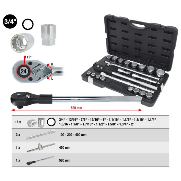 KS Tools 3/4" súprava nástrčkových kľúčov, 21 ks, 12-hranné 911.0751