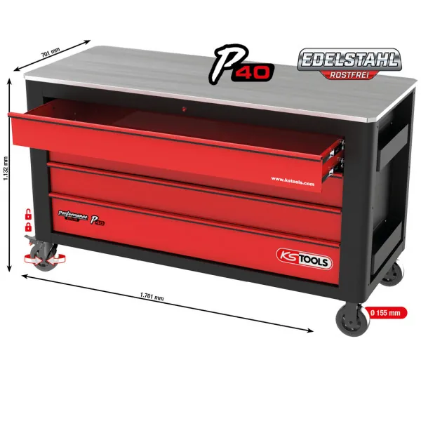 KS Tools PERFORMANCEplus P40 ČIERNY/ČERVENÝ dielenský vozík so 4 zásuvkami 873.6008