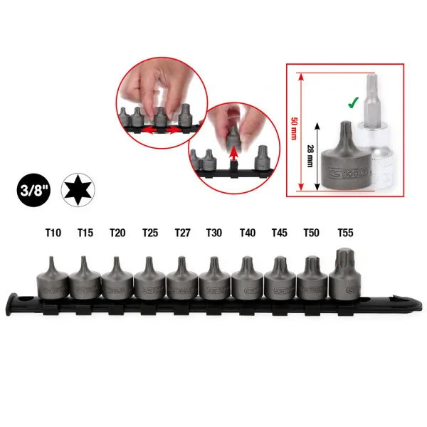 KS Tools Súprava 3/8" bitov nástrčných Torx, krátke, 10-dielna, T10-T55 917.4015
