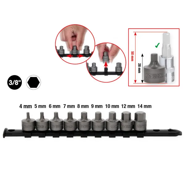 KS Tools Súprava 3/8" bitov nástrčných imbusové, krátke, 9-dielna, 4-14 mm 917.4000