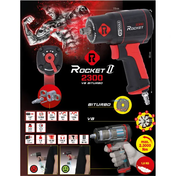 KS Tools Vysokovýkonný pneumatický príklepový skrutkovač 1/2" ROCKET II 2300 Nm 512.0002