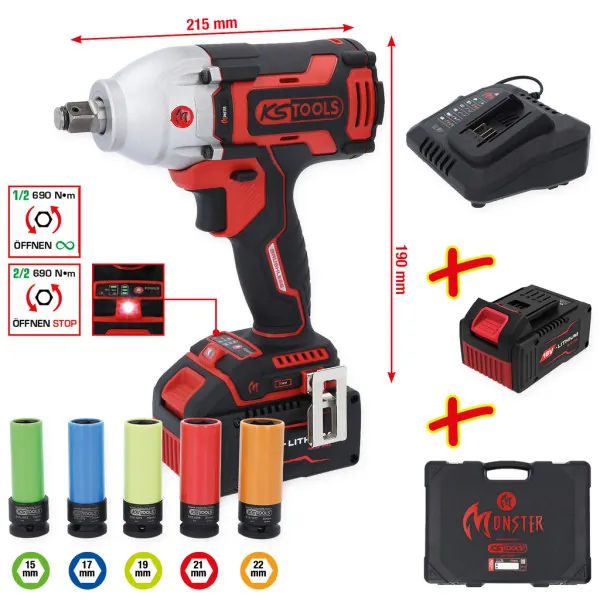 KS Tools eMONSTER súprava 1/2" bezuhlíkového akumulátorového nárazového uťahovača, 9-dielna  515.6100