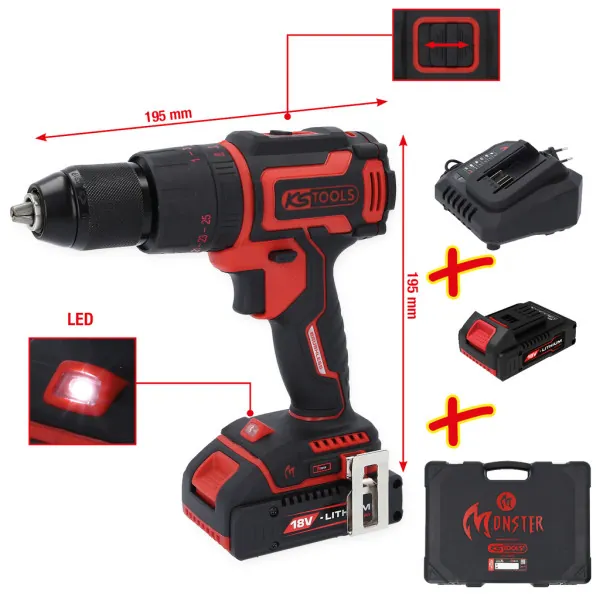 KS Tools eMONSTER súprava bezuhlíkového akumulátorového príklepového vŕtacieho skrutkovača, 4-dielna  515.6300